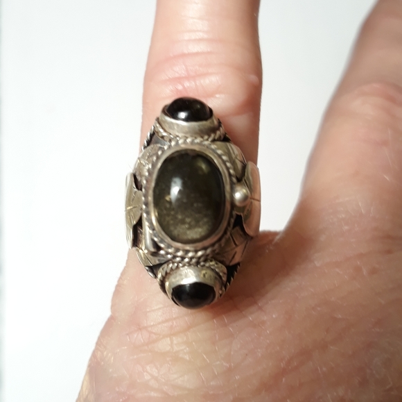 Taxco Jewelry - Taxco Sterling Obsidian Poison Ring